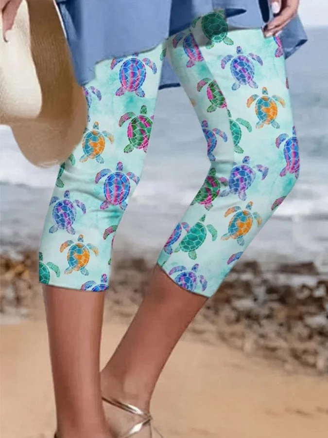 Vacation Colorful Sea Turtle Print Leggings-mysite