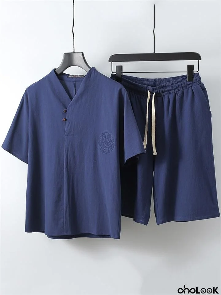 Lightweight Linen Two-Piece Outfit Wrap Neck T-Shirt + Elastic Waistband Knee-Length Pants