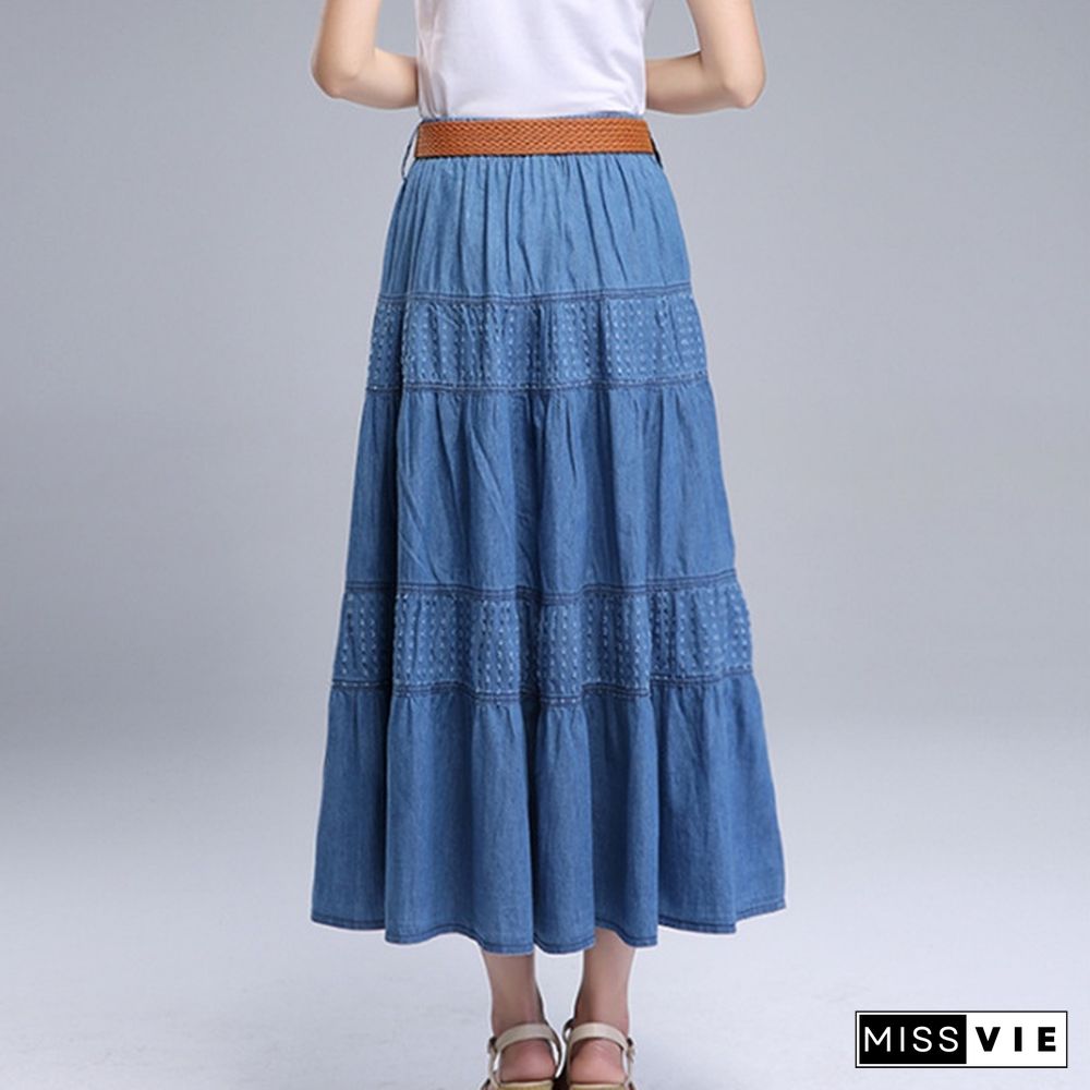 Women Summer Denim Skirts High Waist Plus Size Long Skirt Vintage Solid Color A-Line Jean Skirt With Belt Spring