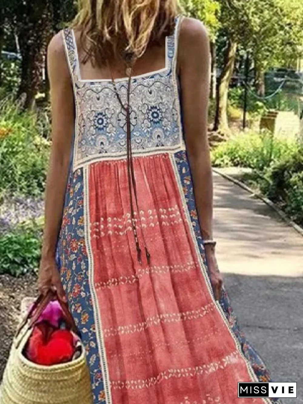 Casual Ethnic Square Neck Sleeveless Loose Dresses
