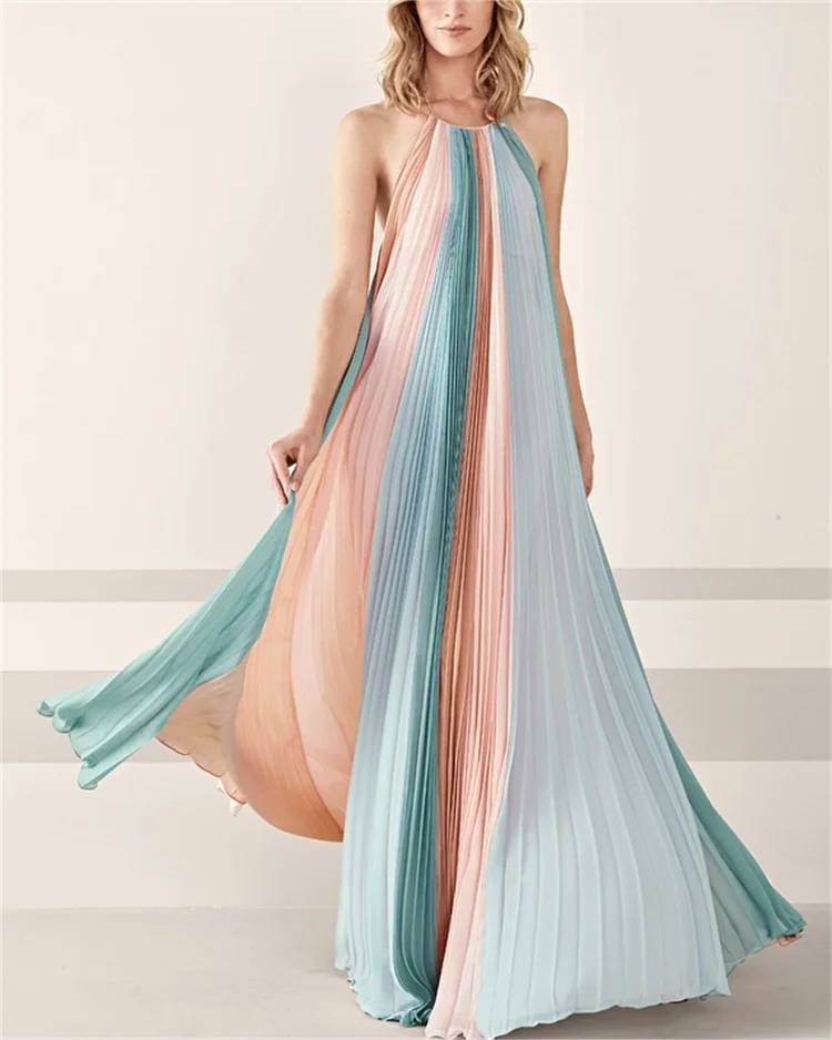 Women's Halter Neck Splicing Color Pleated Dress