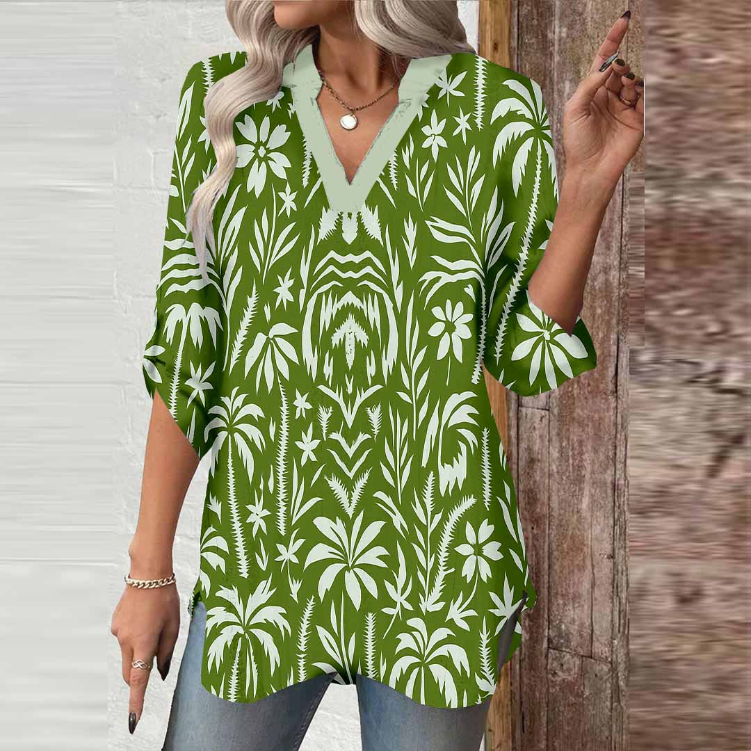 Women Leaves, Green, Tropical DZGA0186 3/4 Sleeve V-neck Printed Graphic Button Tops