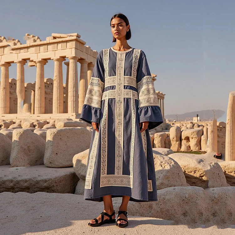 Utbros Vintage Greek Key Crew Neck Linen Midi Dress
