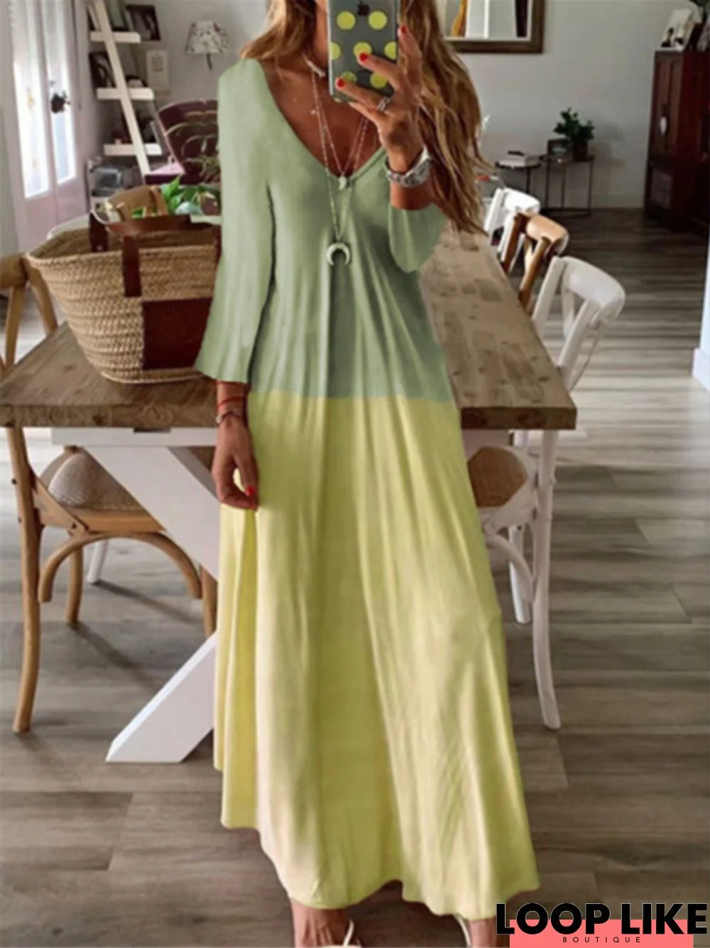 Graphic Printed Casual V-neck Long Sleeve Maxi Dress