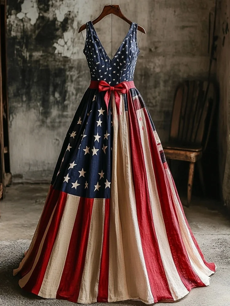 Independence Day American Flag Inspired Linen Maxi Dress