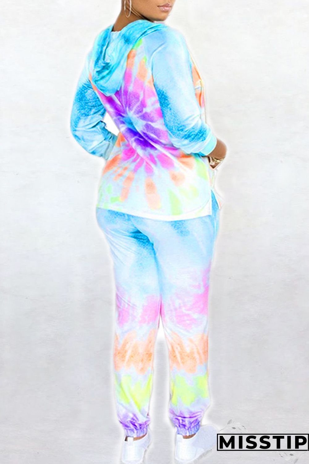 Light Purple Fashion Casual Tie Dye Printing Hooded Collar Long Sleeve Two Pieces
