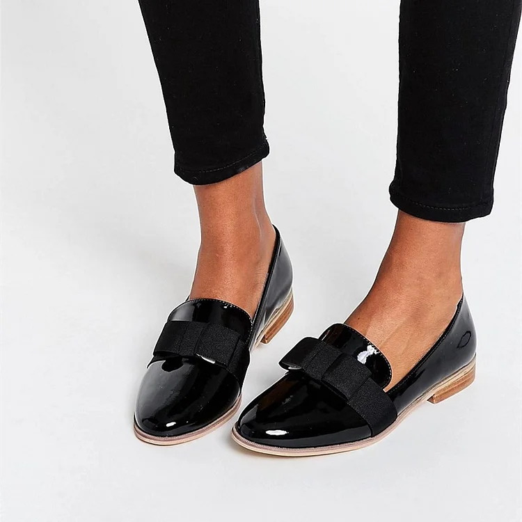 Black Patent Leather Round Toe Bow Flat Loafers for Women |FSJ Shoes
