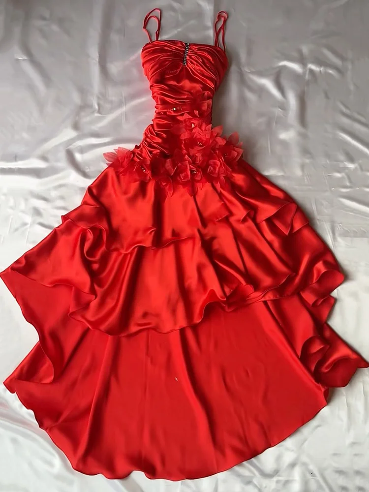 3D Flower Rhinestone Ruffled Sleeveless Spaghetti-Neck Satin Maxi Dresses Fairytale Drexss