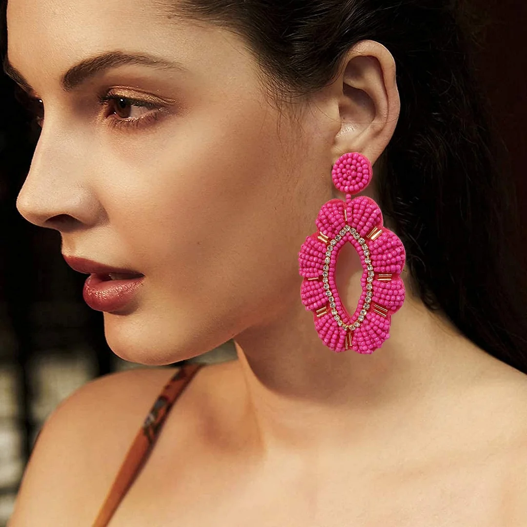 Dvacaman Bohemian Colourful Weave Beaded Flower Statement Drop Earrings Women Ethnic Handmade Seed Beads Dangle Earrings Jewelry