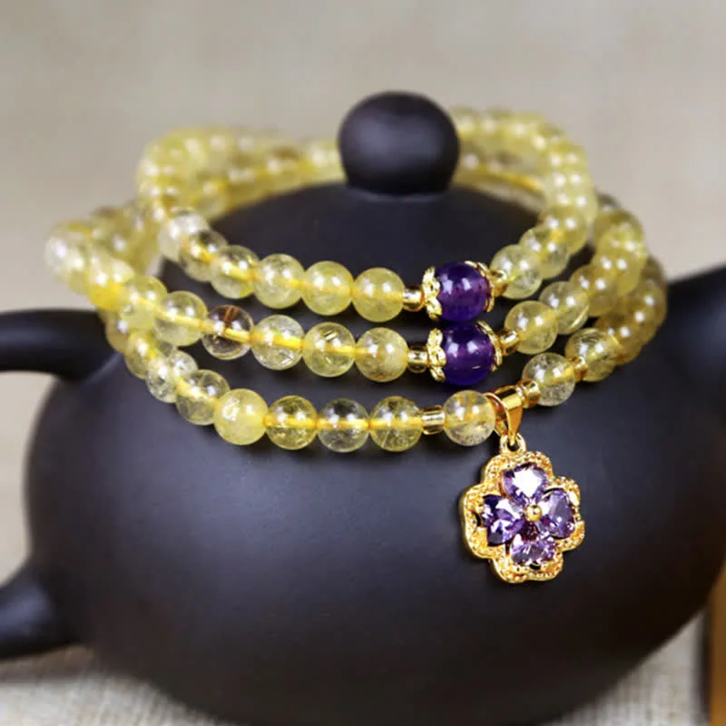 Citrine Amethyst PiXiu 108 Beads Four Leaf Clover Mala Happiness Protection Bracelet
