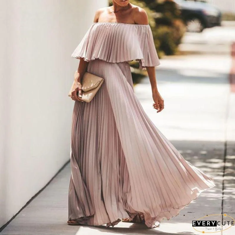 Women's long skirt sexy off-the-shoulder pleated chiffon evening dress