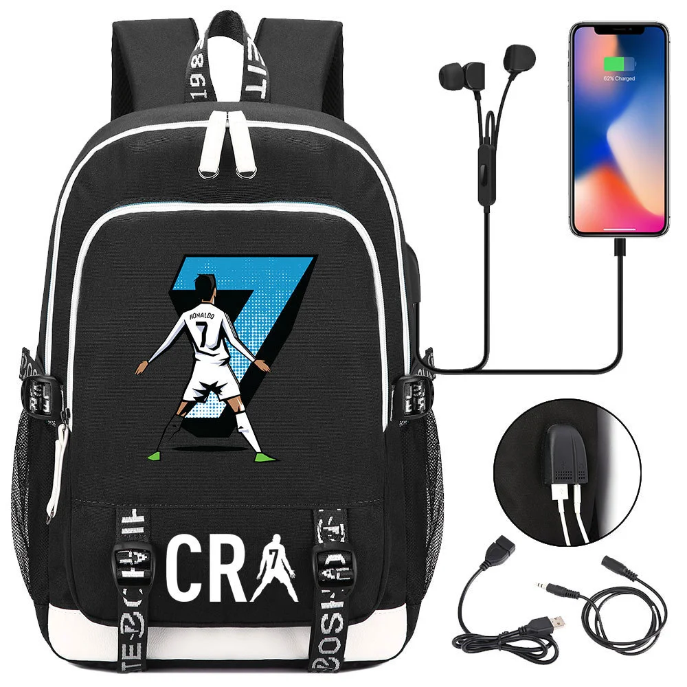 Buzzdaisy Cristiano Ronaldo Printed Backpack with USB Charging Port and Laptop Protection - Multi-Pocket Large Capacity Schoolbag