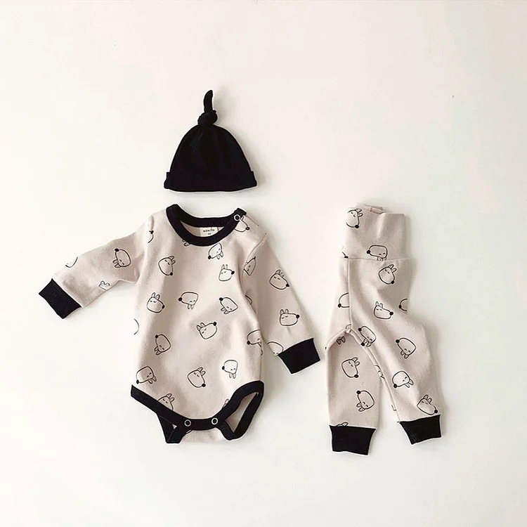 3pcs Baby Boy/Girl Allover Dog Print Bodysuit and Pants with Hat Set