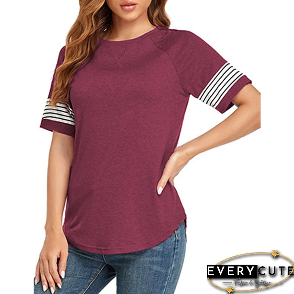 Burgundy Spliced Striped Short Sleeve Cotton Blend T-shirt