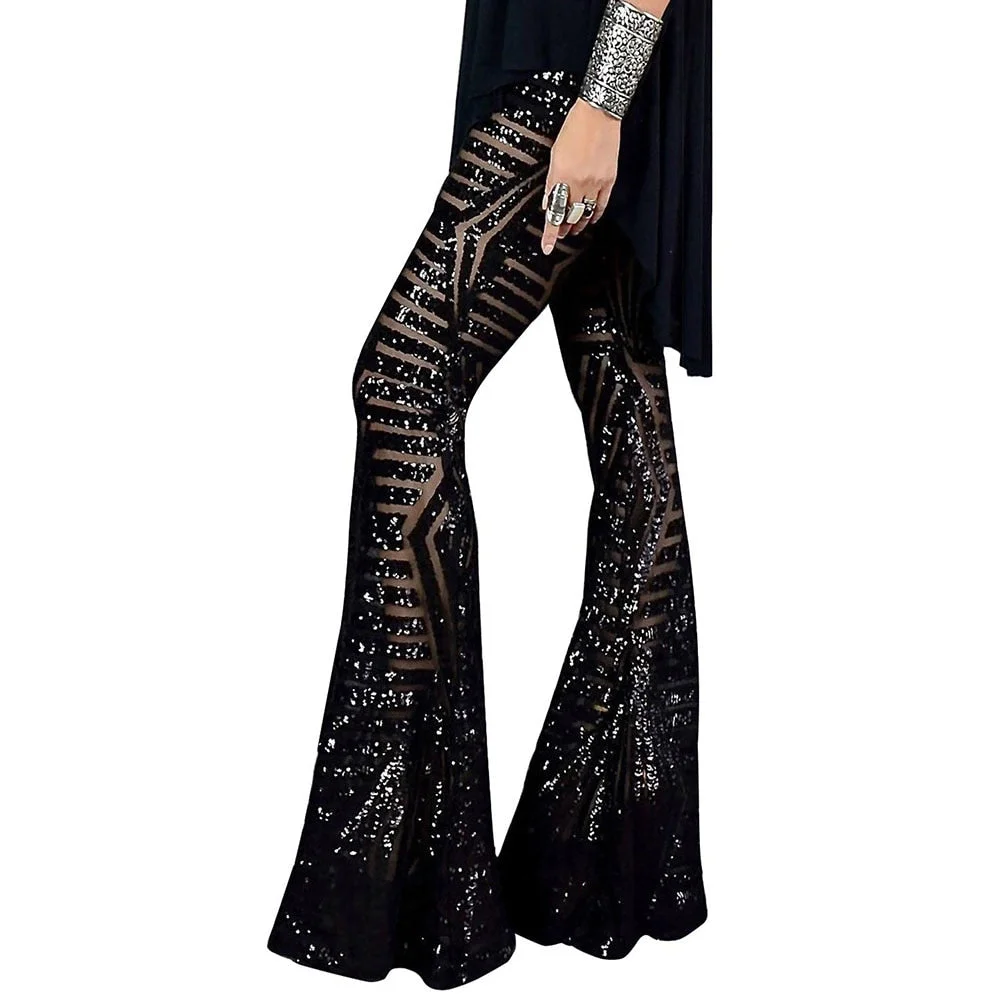 Sexy Black Silver Sequin Glitter Wide Leg long Flare Pants High Waist Party Club XMAS Trousers Pants Outfit Streetwear Bell Pant