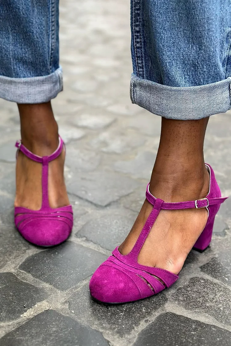 T-Strap Buckle Hollow Out Round Toe Magenta Chunky Heels [Pre Order]