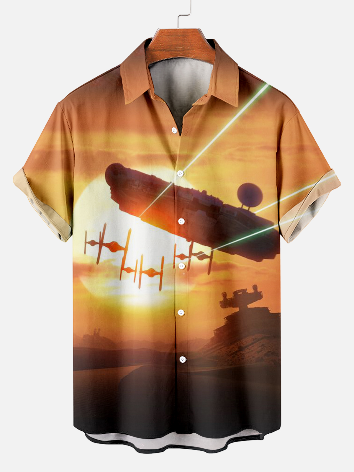 Sci-Fi Gorgeous Sunset Space Warship Short Sleeve Shirt PLUSCLOTHESMAN