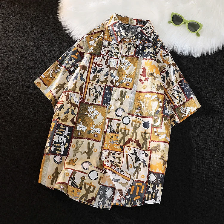 Men's Shirts Summer Printed Shirt Men's Short Sleeve Leisure Hong Kong Style Shirt Large Size Men's Clothing