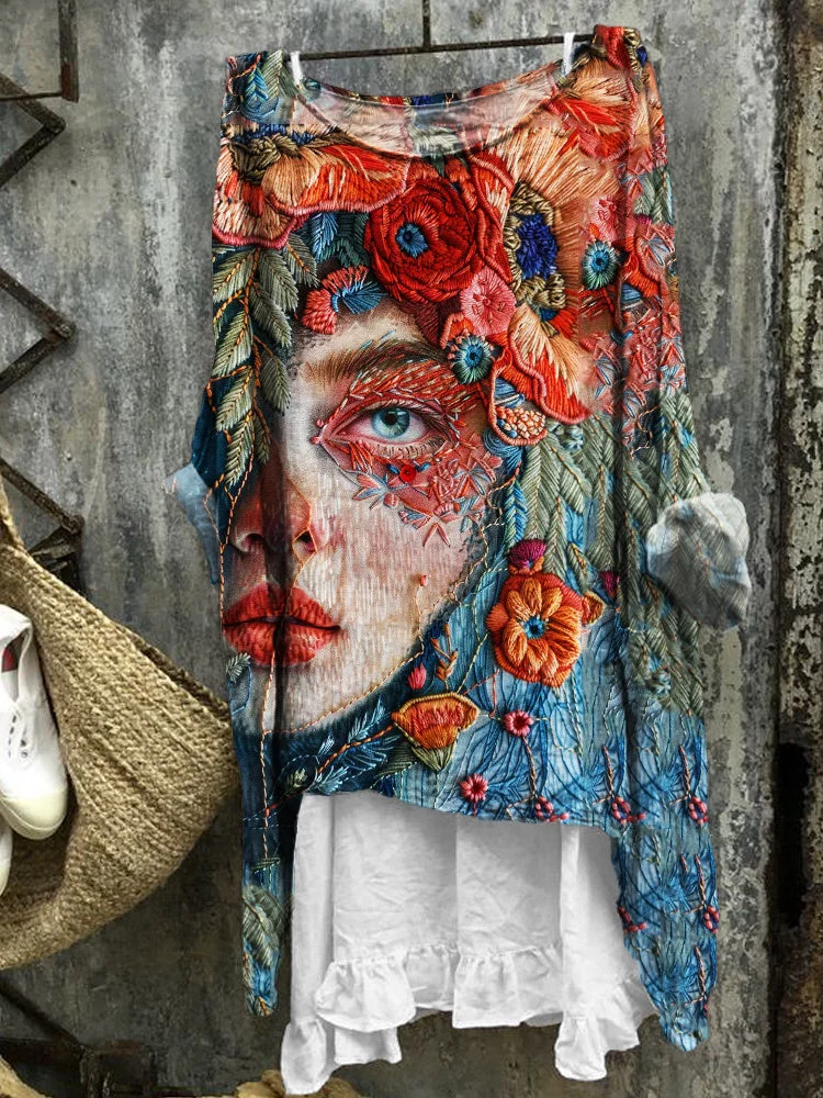 Face Floral Embroidered Lace Fiber Art Linen Blend Tunic