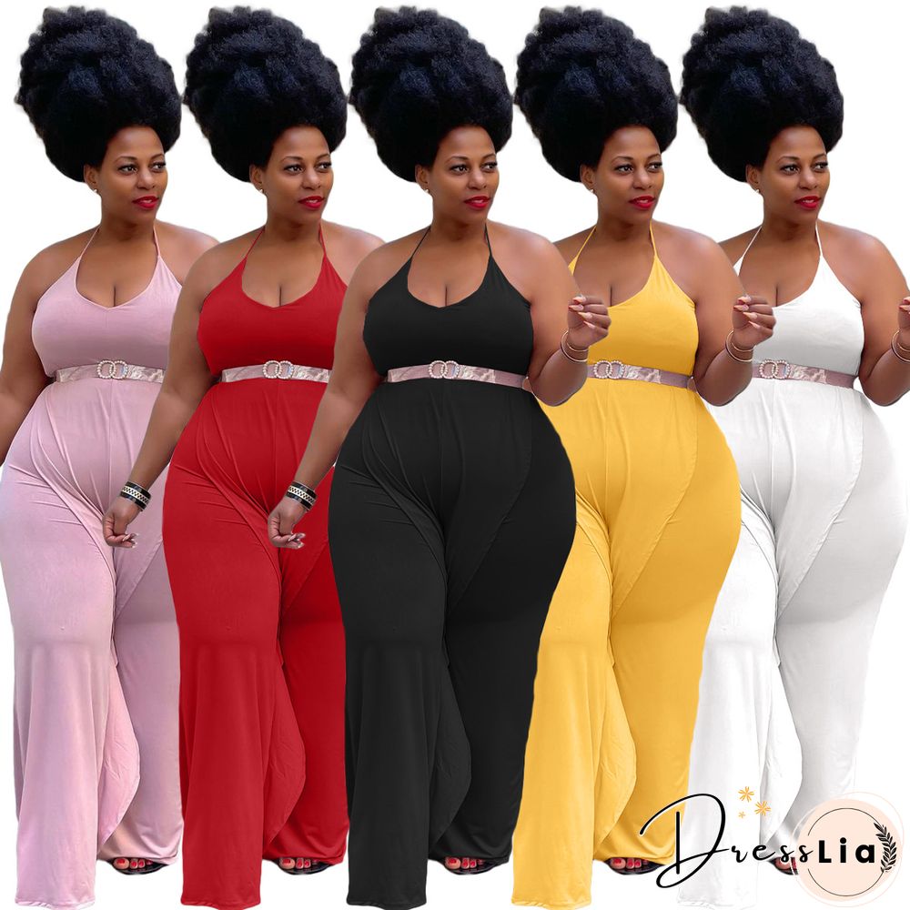 Casual Solid Color Sleeveless Ruffle Halter Lace Up Party Club Summer Plus Size Loose Wide Leg Jumpsuits