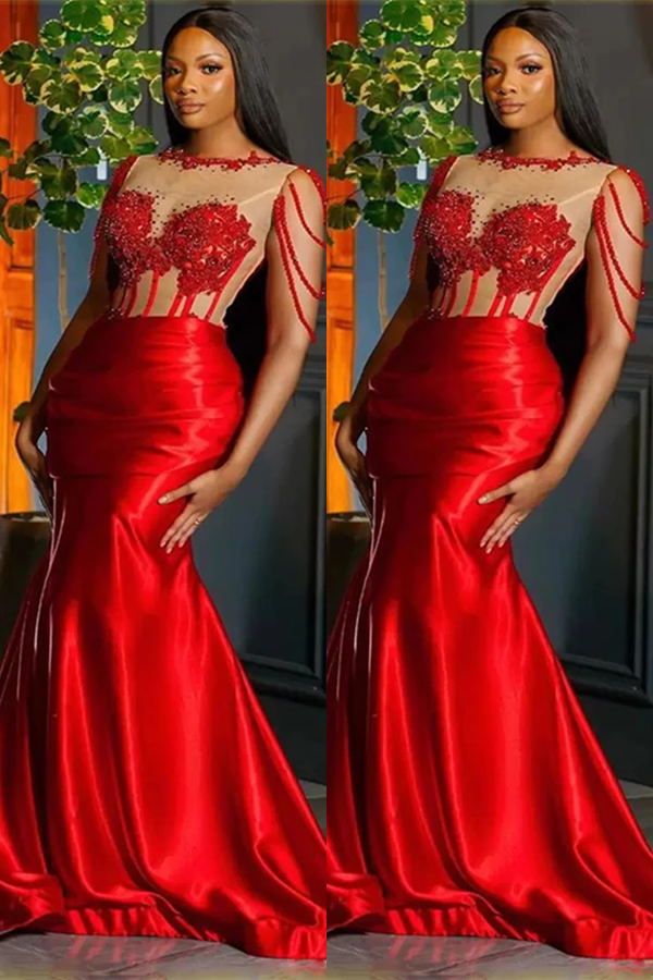 Unique Design Red Mermaid Beaded Prom Dress With Sequins | Ballbellas Ballbellas