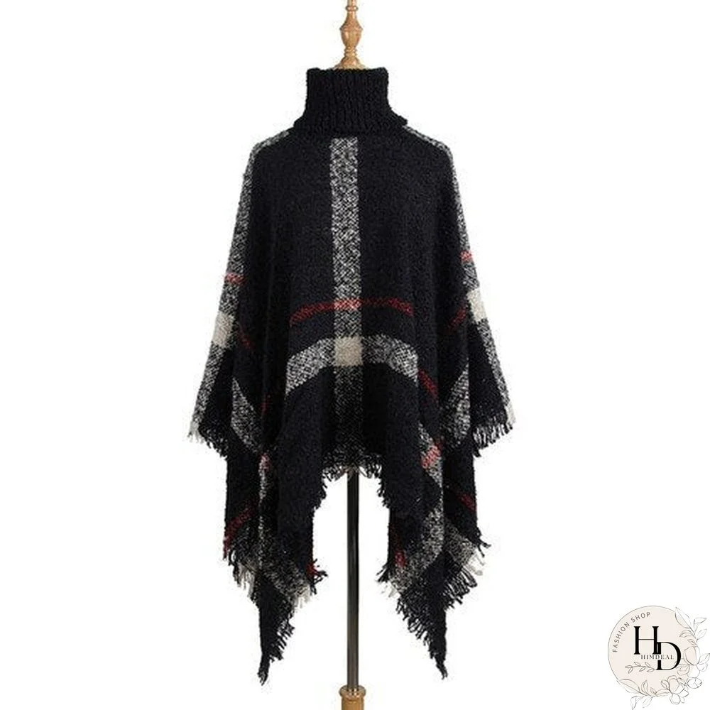 Poncho Sweater Women Fringed Stripe Knit Pullover Sweaters Cape Coat High Collar Vintage Shawl Scarf Panchos Female Winter
