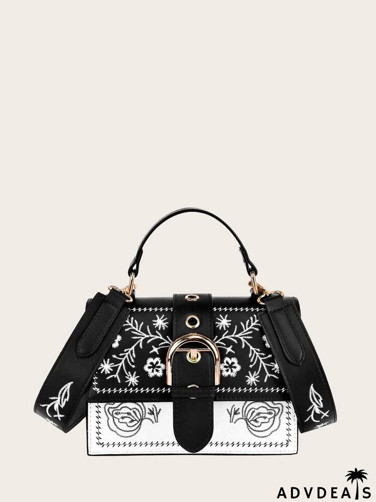 Buckle Decor Floral Embroidered Bag
