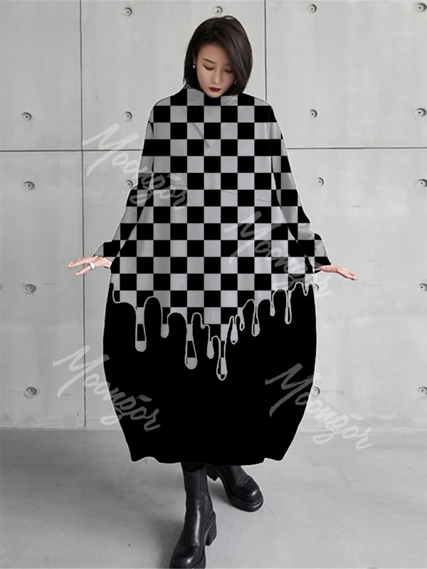 Checkerboard Drop Printing Loose Half Stand Collar Asymmetrical Patchwork Long Sleeve Midi Dress