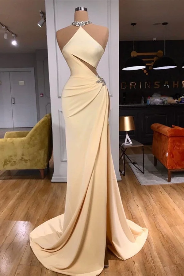 Bellasprom Champagne Halter Prom Dress Mermaid Sleeveless With Crystals