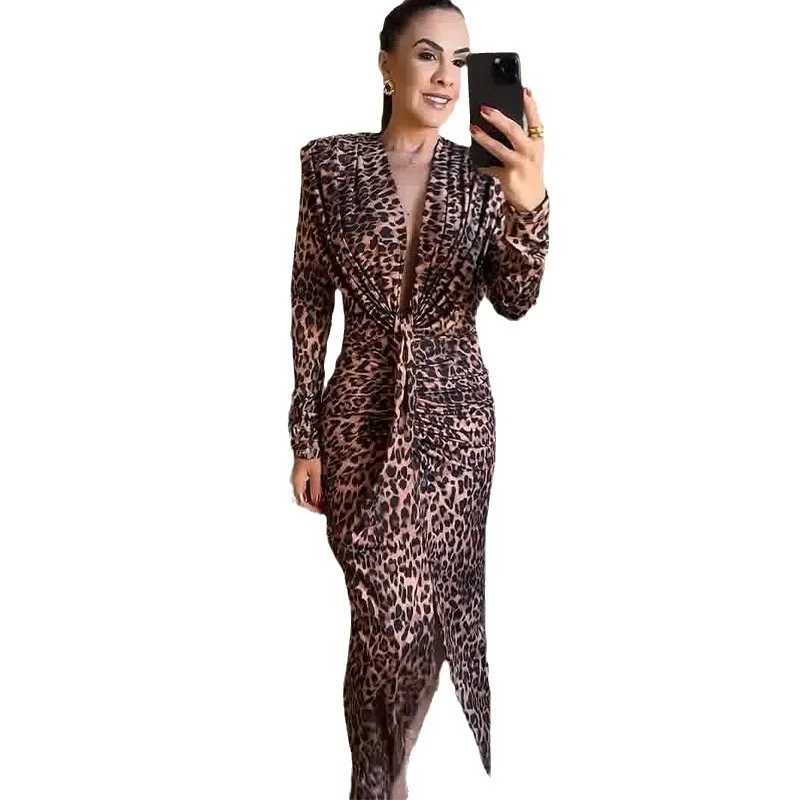 Toloer Toloer 2024 New Light Ripe Wind Leopard Print Low Collar Waist Slit Sexy Dress-Outfit Ideas