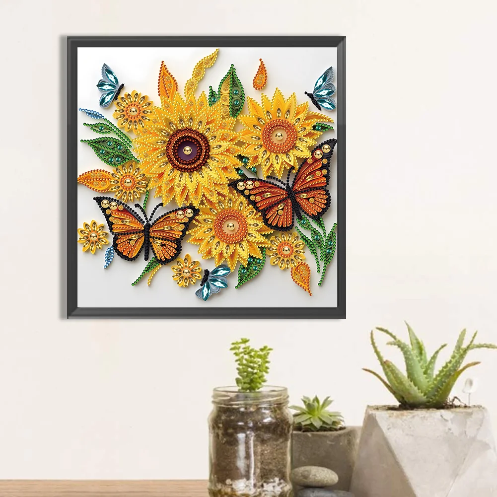 Diamond Painting - Partial Special Shaped Drill - Sunflower Butterfly(30*30cm)