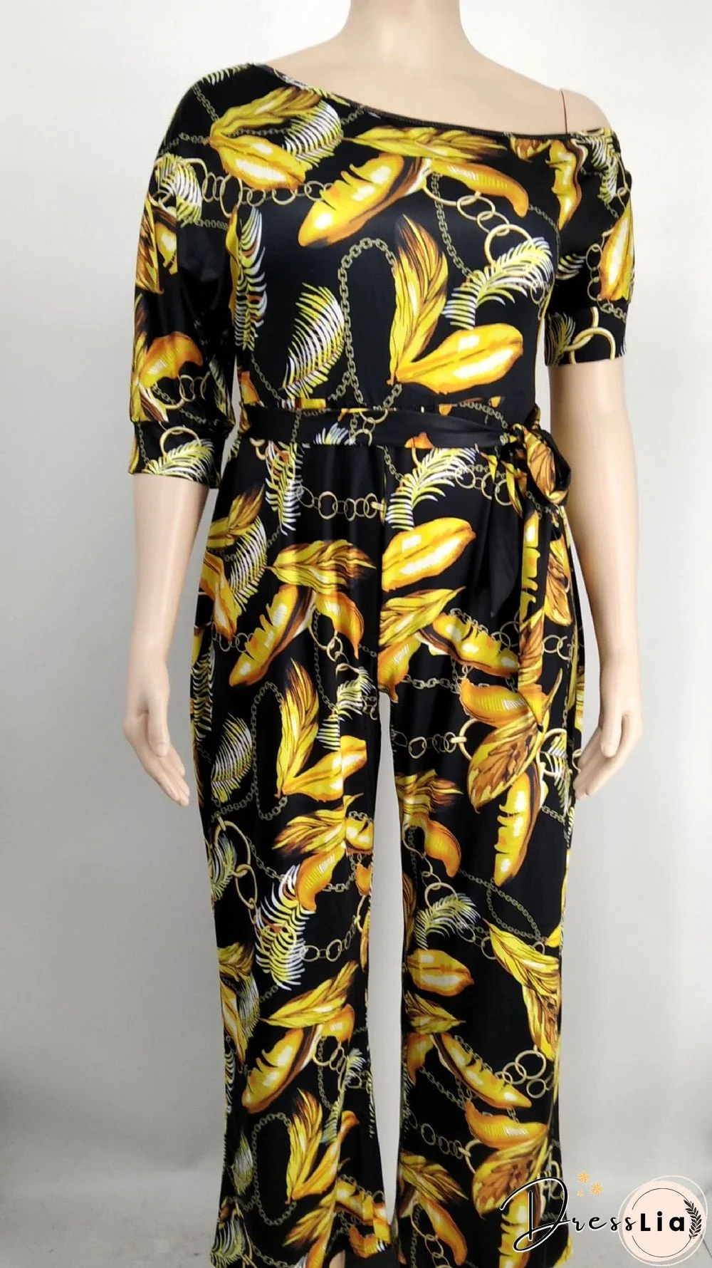 Off-the-shoulder Printed Plus Size Wide Leg Jumpsuit