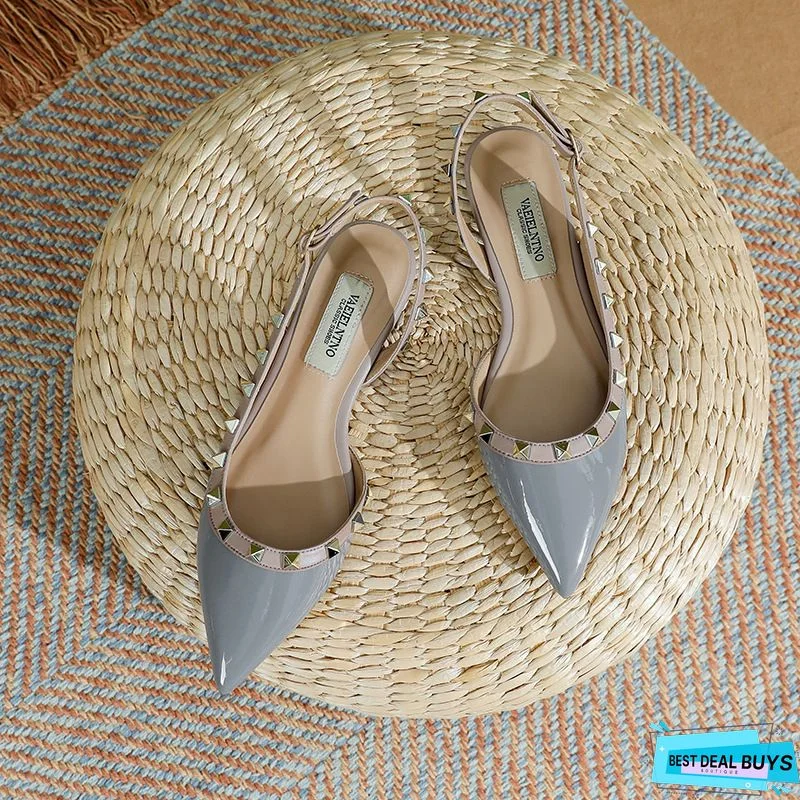 Pointed-toe Solid Color Splicing Studded Buckle Flat Sandals