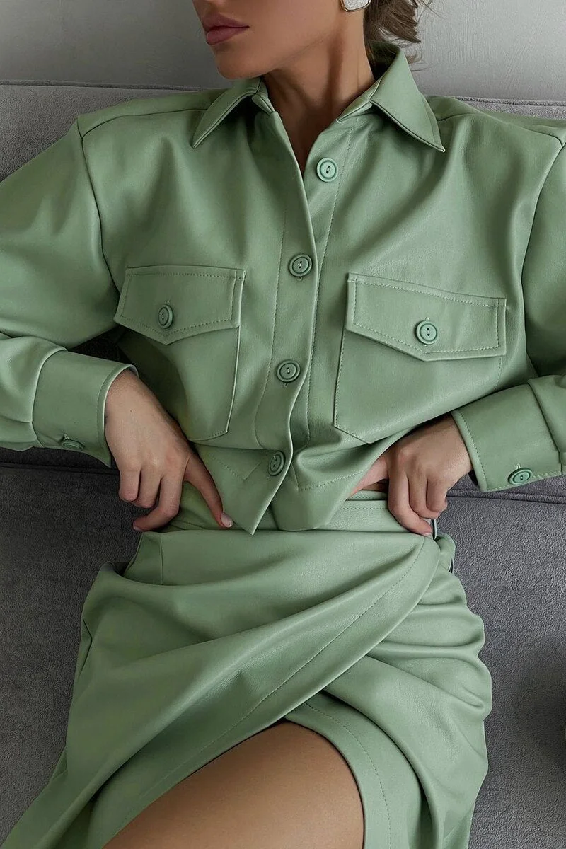 WannaThis Fashion Faux Leather Women Suit Turn Down Collar Button Crop Coat Top High Waist Split Midi Skirt Fall Two Piece Set