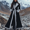 Women's Vintage Black Ethnic Style Silver Fox Fur Trim Suede Jacket Long Afghan Coat by Inlyline