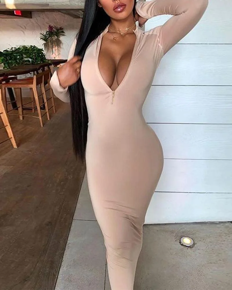 V Neck Bodycon Zipper Midi Dress