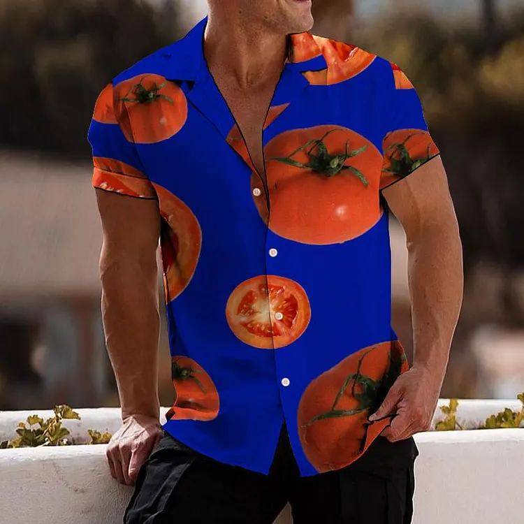 Men's Retro Contrast Color Tomato Lapel Short Sleeve Shirt 47990756TO