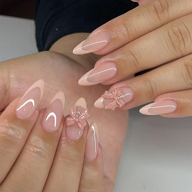 Qinice 24Pcs Sweet Short Almond French False Nails with Glue 3D Wave Nail Pattern Floral Pink Blush Press on Acrylic Nail Manicure Tips