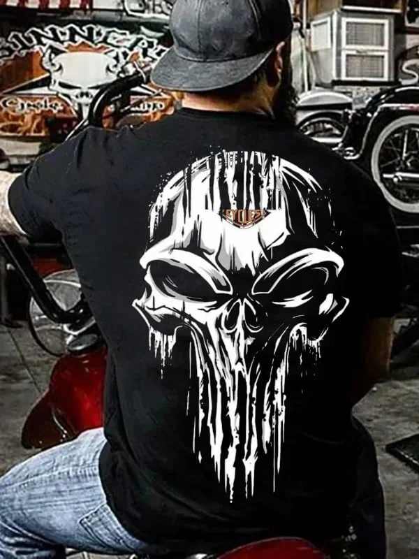 Men's Retro Motorcycle Skull Print T-Shirt