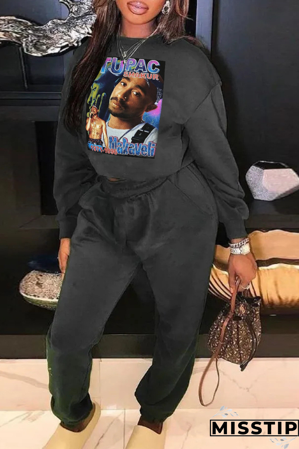 Black Vintage Print Letter O Neck Tops