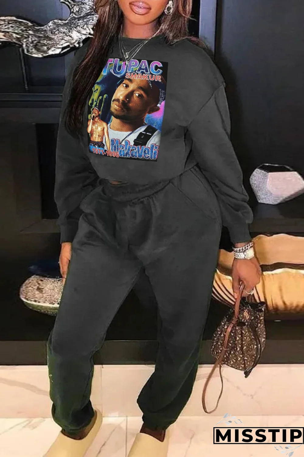 Black Vintage Print Letter O Neck Tops