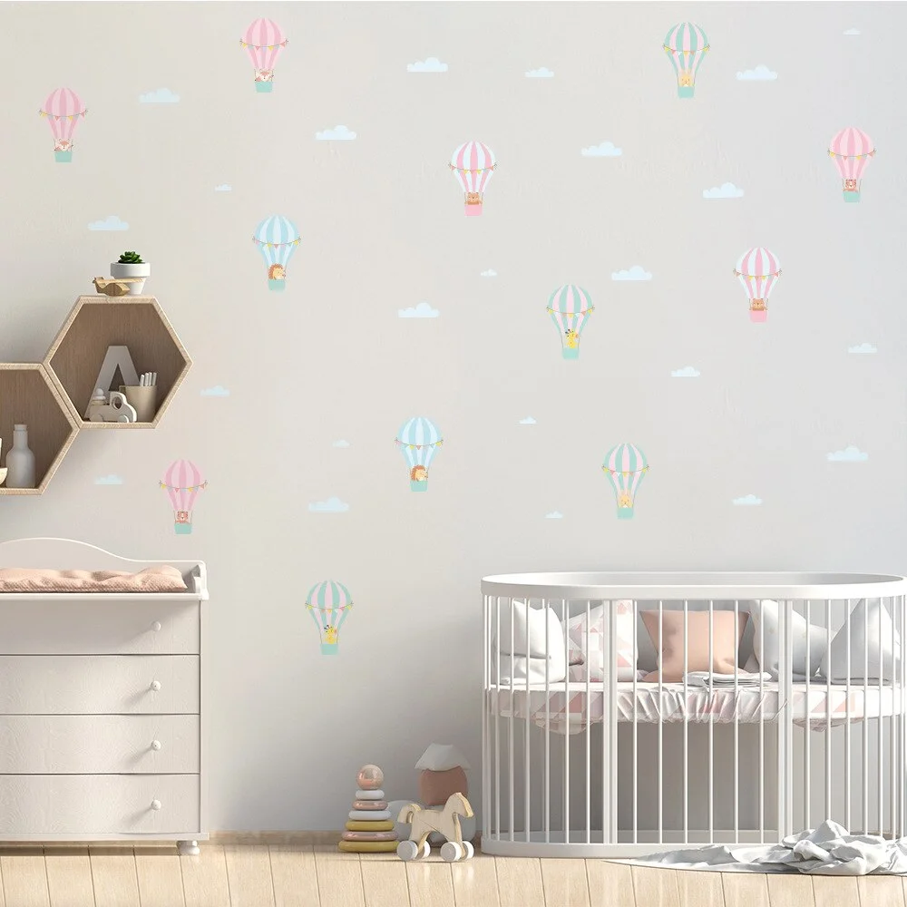 DIY Cartoon Animal Hot Air Balloon Wall Sticker For Kids Room Nursery Room Fidge Cabinet Decals Murals Home Decor