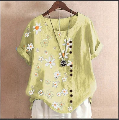 Summer New Embroidered Flower Button round Neck Short Sleeve Shirt