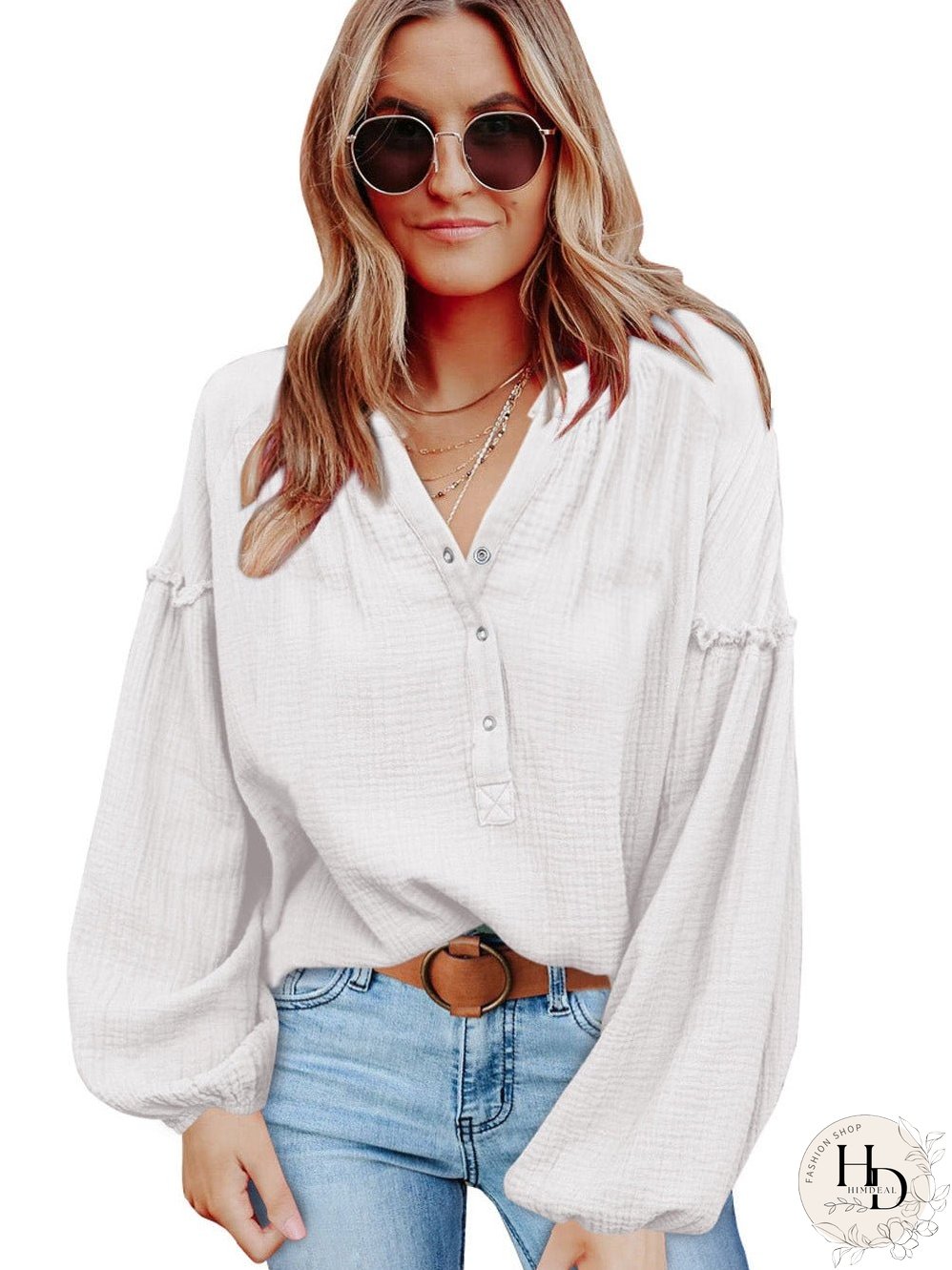 White Crinkled Casual Top with Balloon Sleeves