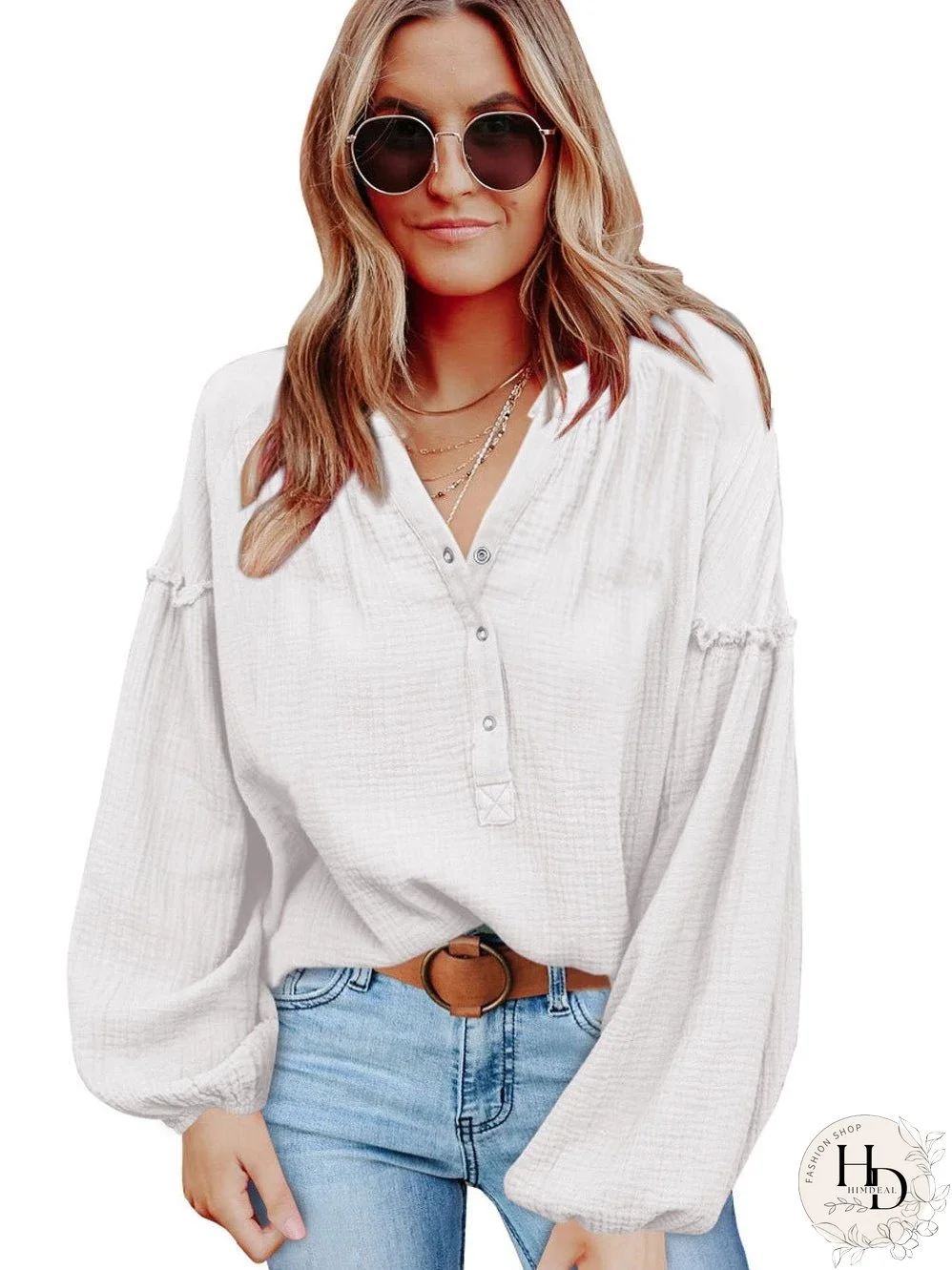 White Crinkled Casual Top with Balloon Sleeves