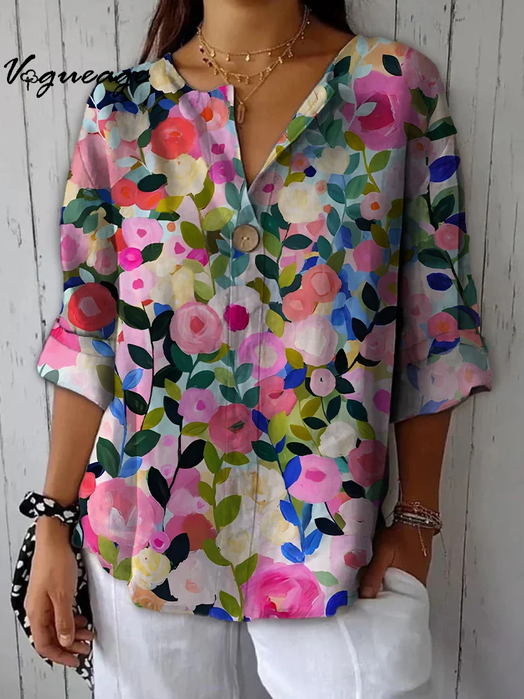 Bright Cheerful And Gentle Flowers Printed Cotton And Linen Shirt