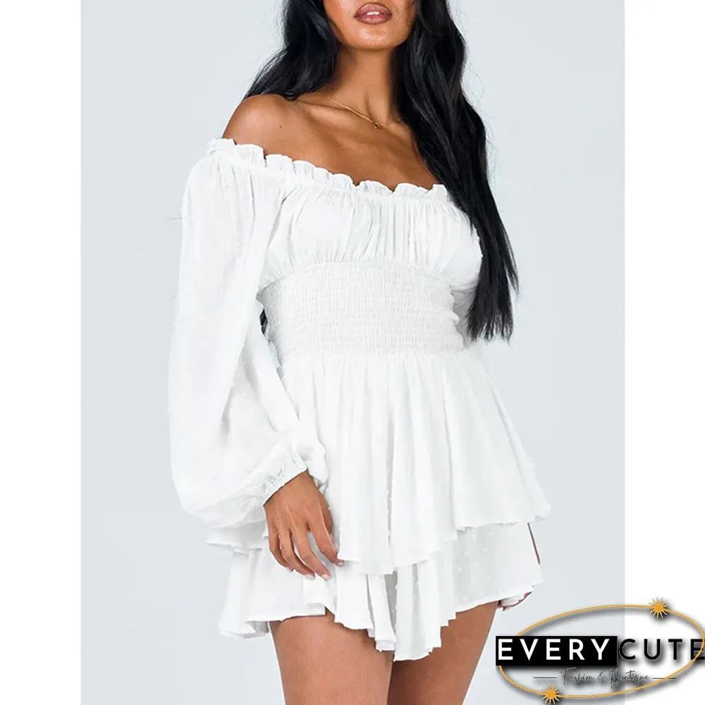 White Off Shoulder Pleated Ruffled Long Sleeve Romper