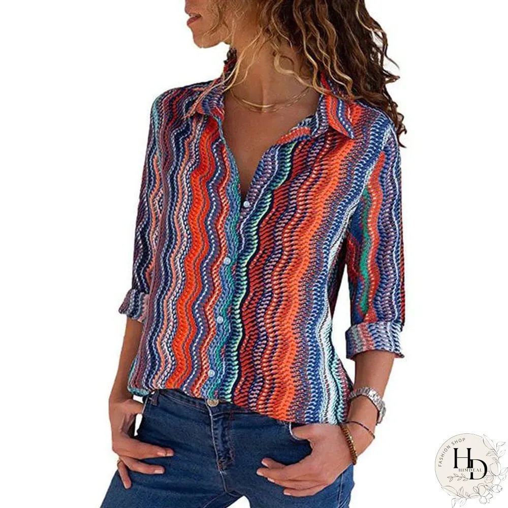 Women Color Block Striped Shirt Elegant Casual Long Sleeve Blouse