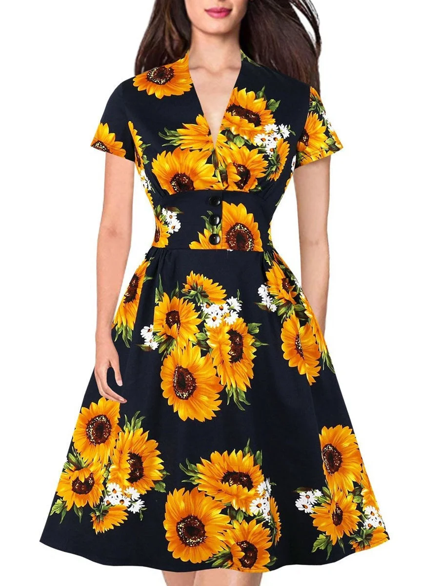 Slim Models Sunflowers Pocket V-neck Waist Big Swing Dress