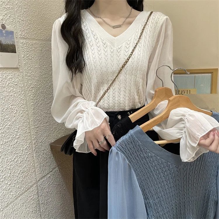 Uveng Uveng Temperament Spliced Chiffon Sleeve Long-Sleeved Top Women's Spring And Autumn New Design Sense Slimming Knitwear